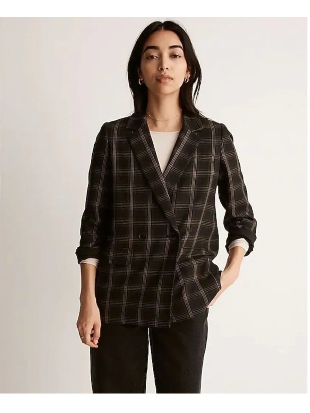 Madewell The Caldwell Double-Breasted Blazer Women’s Small Black Seaton Plaid